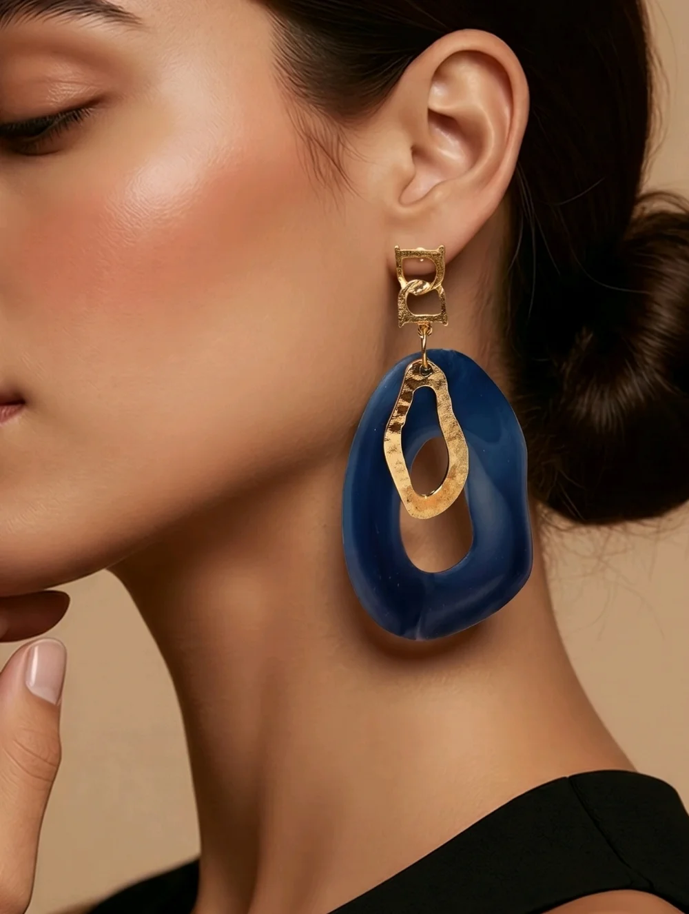 Navy Blue Geometric Acrylic Earrings Gold Abstract Statement Bold Modern Jewelry